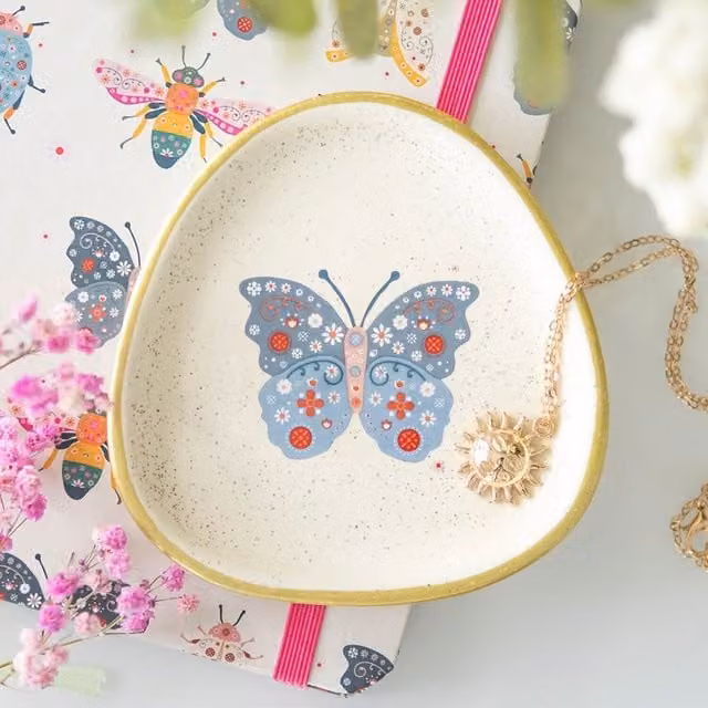 Kingsbury Gifts Floral Butterfly Ceramic Trinket Dish in Gold and Multicolour