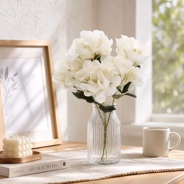 Garden Sanctuary White Silk Artificial Hydrangea Flower Bouquet for Wedding Tabletop Decor – 1