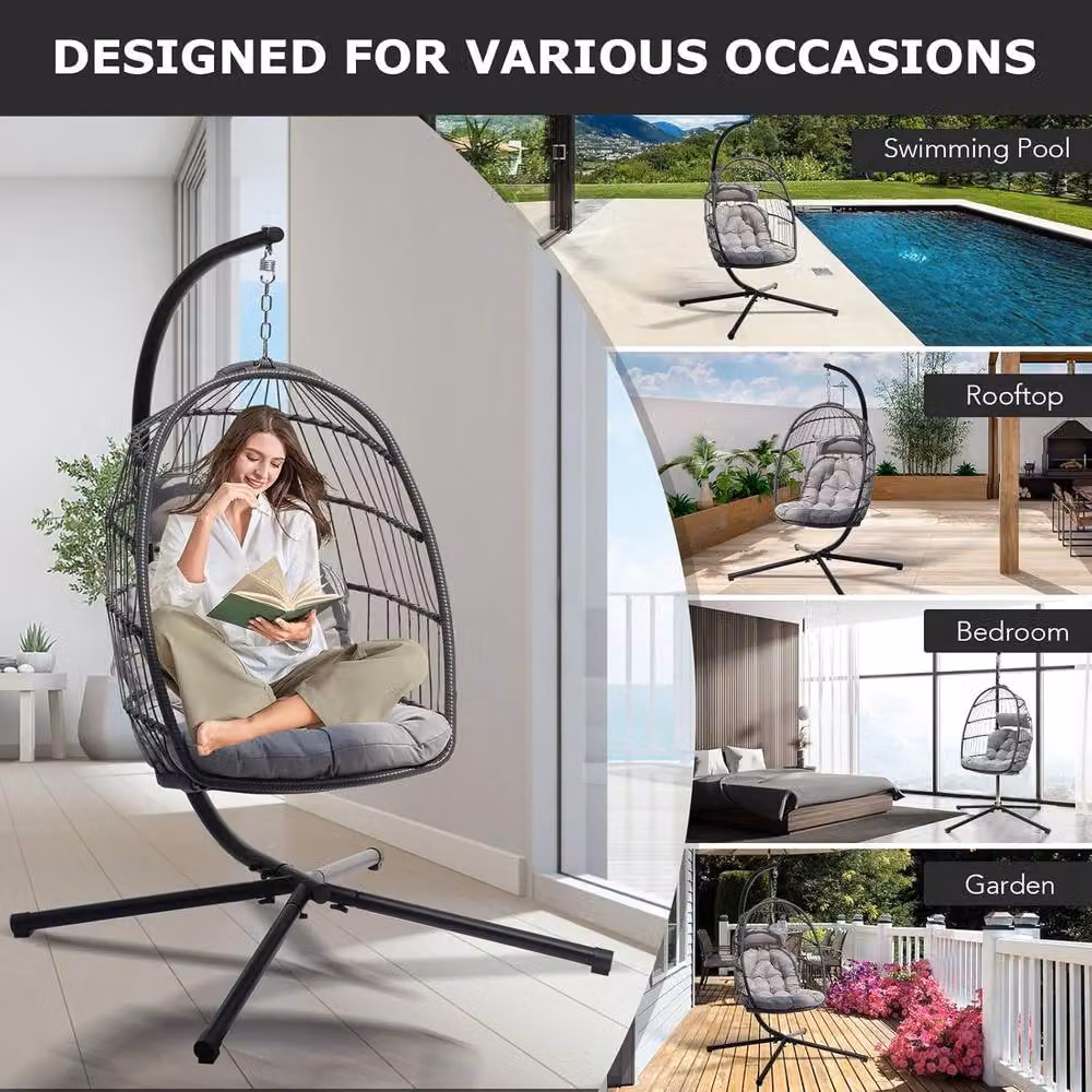 Lishetimig Hanging Egg Chair with Stand, Cushion and Headrest in Grey – 7