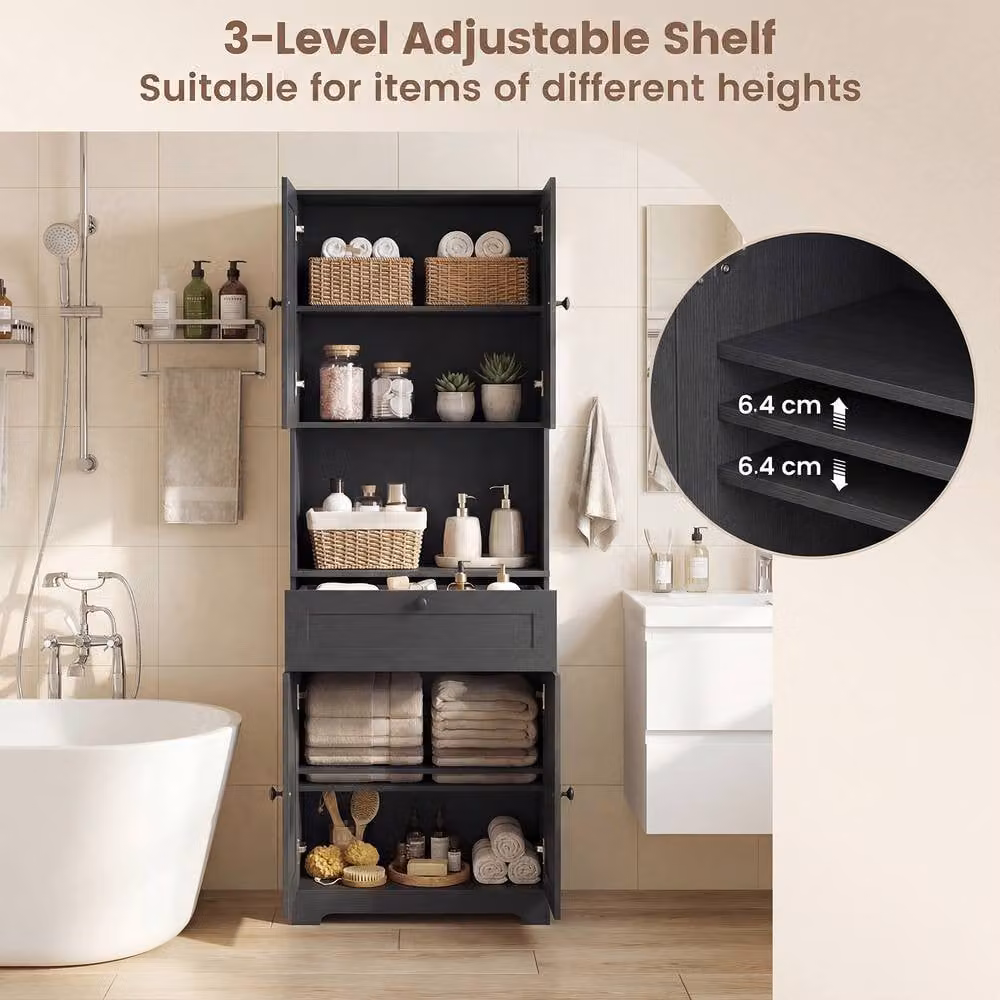 Costway Modern Black Wooden Bathroom Cabinet with 4 Doors and 1 Drawer – 8