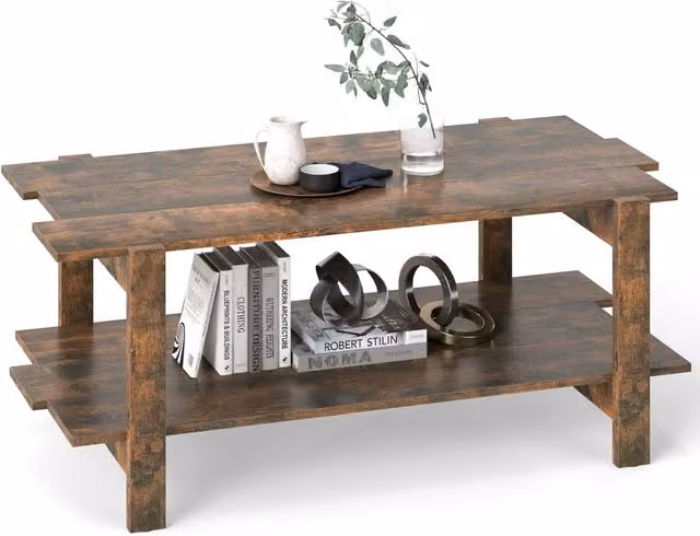 Gymax 2-Tier Slatted Wood Coffee Table with Storage Shelf in Brown Walnut – 1