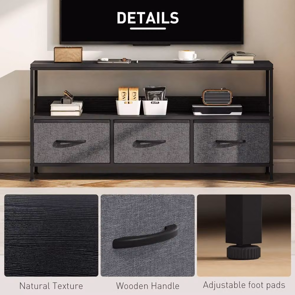 Wyld Haus Avanor Modern Black TV Storage Unit with 3 Fabric Drawers W/D/H: 120 x 29 x 56 cm – 6