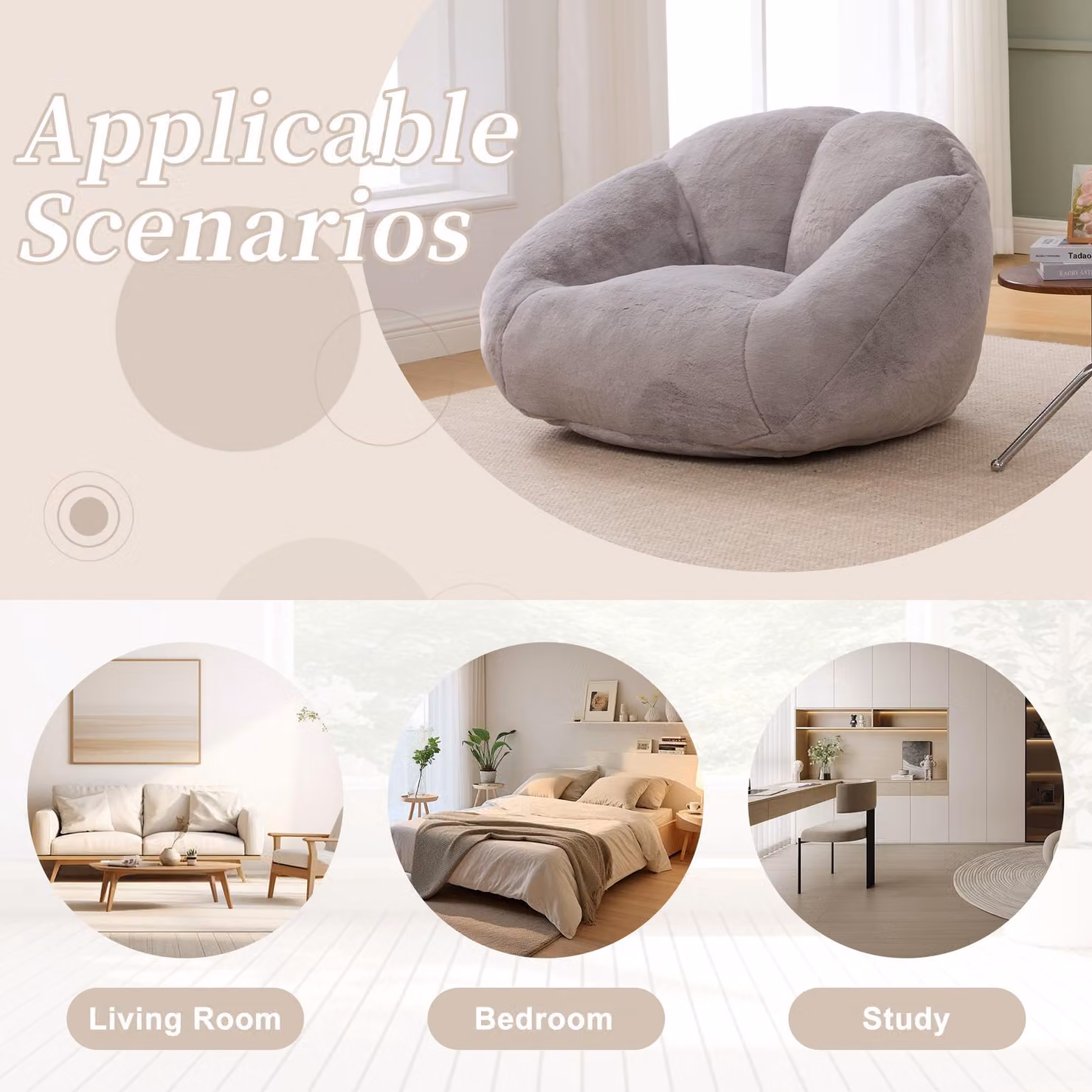 GOMYWAY Shell-Shaped Faux Fur Sofa in Grey with Shredded Memory Foam and Lumbar Support, L: 100 cm, W: 90 cm, H: 57 cm – 3