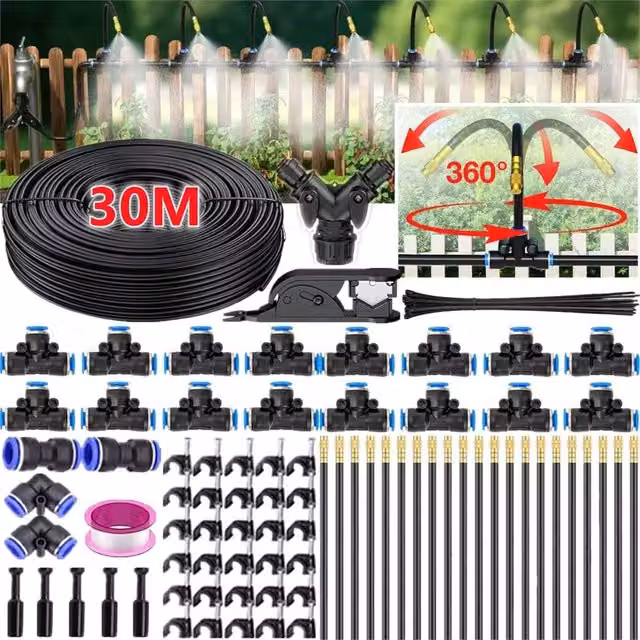 Nordara 30M 360 Degree Drip Irrigation System Kit with Micro Sprayer and 8mm Hose in Black, W: 1000 mm, L: 15000 mm