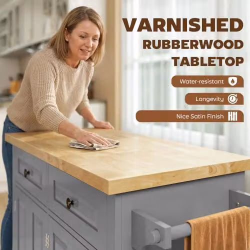HOMCOM Grey Kitchen Island on Wheels with Rubberwood Top and Spice Rack, W/D/H: 111.0 x 44.5 x 82.5 cm – 3