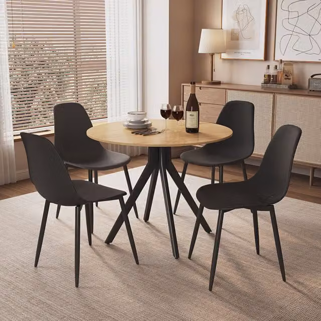 Aspen Light Oak Round Dining Table and 4 Black Curve Chairs Set