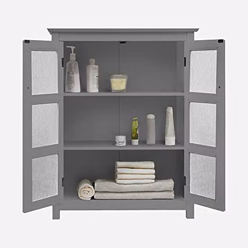 Teamson Home Connor Free Standing Bathroom Cabinet with 2 Glass Doors, Grey, H 86.4 x W 34.9 x D 17.0 cm – 3