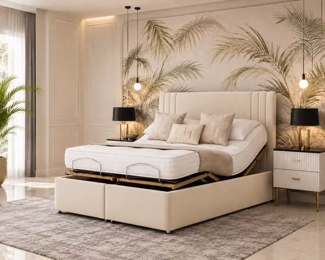 K Mehmood Enterprise Ltd Motorised Upholstered Adjustable Mobility Bed with Head and Footboard in Beige