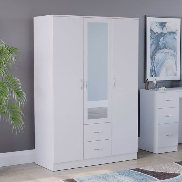 HD Designs Riano Modern White 3 Door 2 Drawer Mirrored Wardrobe with Internal Shelves and Hanging Rod – 1