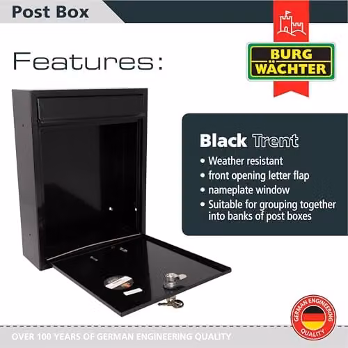 Burg-Wächter MB19BK Trent Wall Mounted Galvanised Steel Lockable Weatherproof Post Box, Black W: 26 cm, H: 34 cm, D: 9 cm – 2