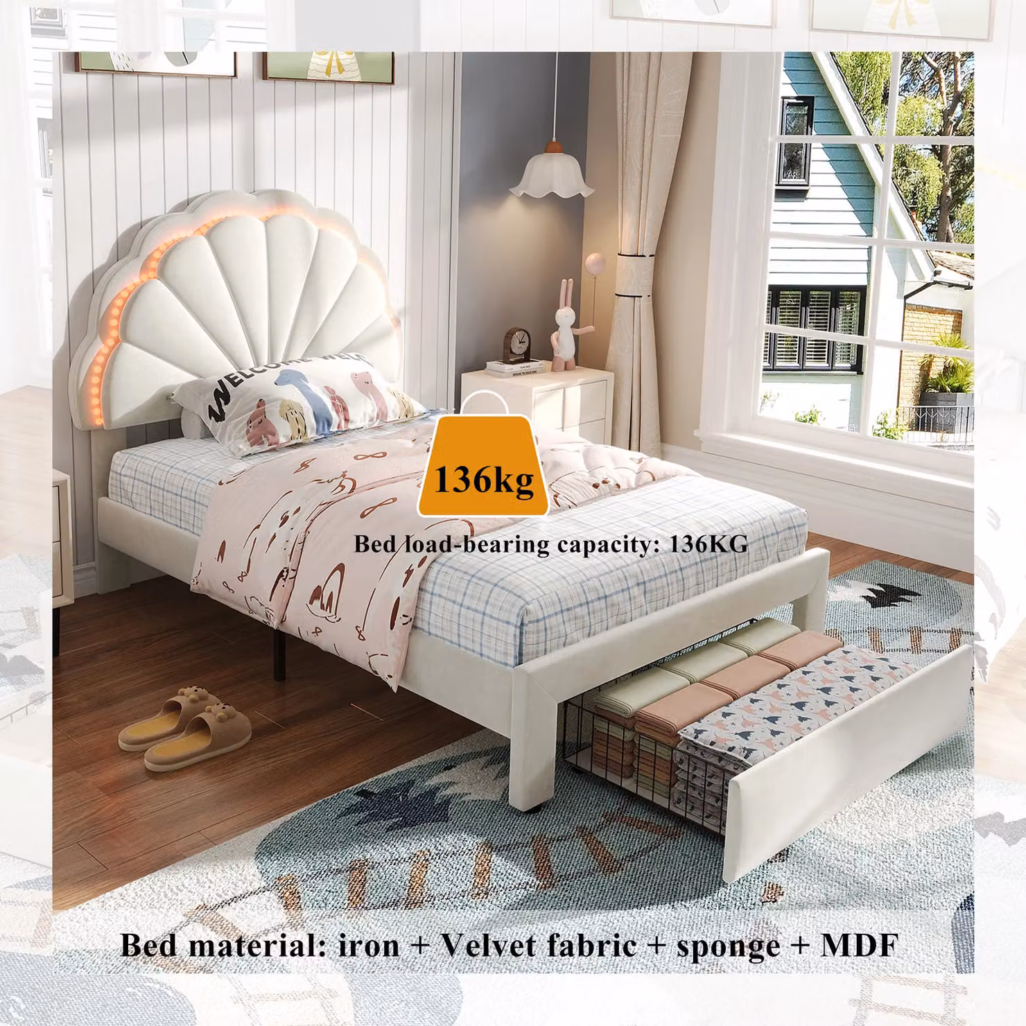 Matteo Upholstered Bed in Beige with Under-Bed Lighting and Drawers, W/D/H: 90 x 190 cm – 4