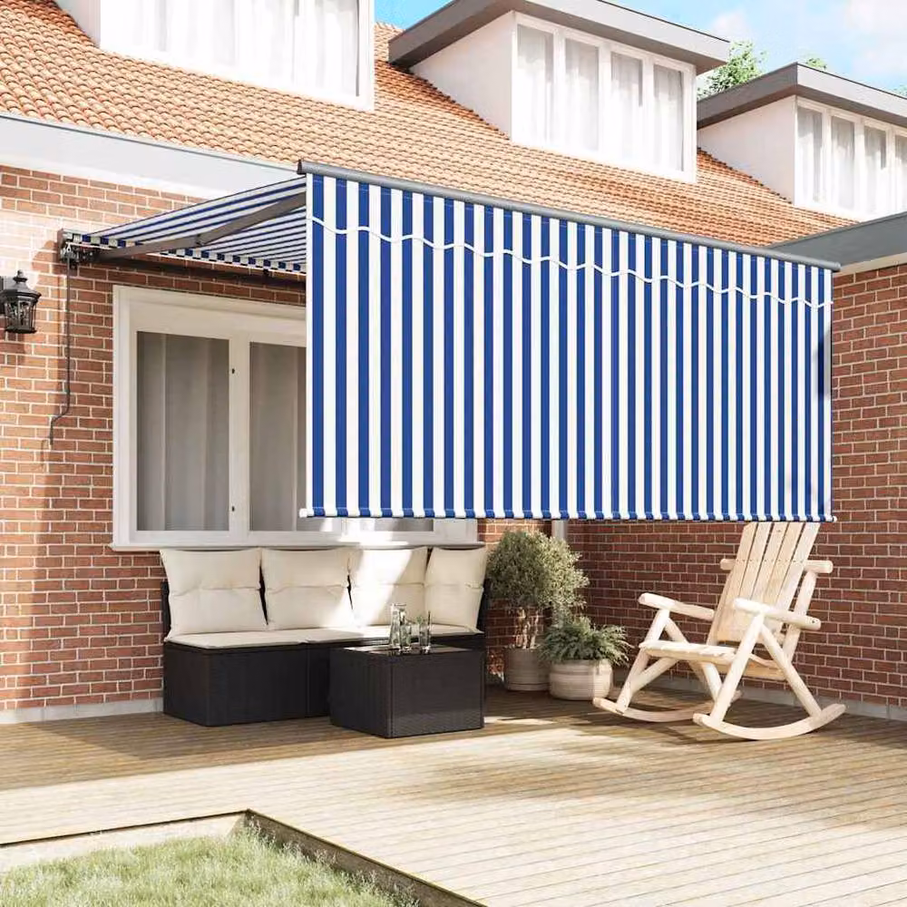 Berkfield Home Manual Retractable Striped Awning in Blue and White, W: 350 cm, D: 250 cm – 3