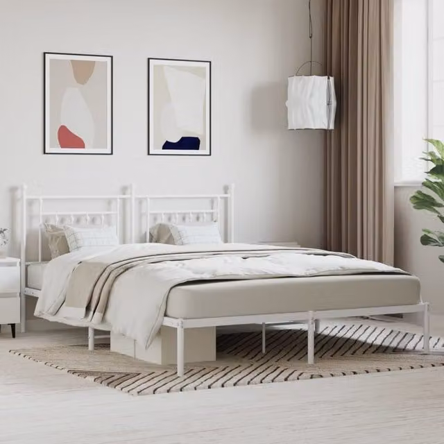 Berkfield Home Metal Bed Frame with Headboard in White, W/D/H: 180 x 200 cm