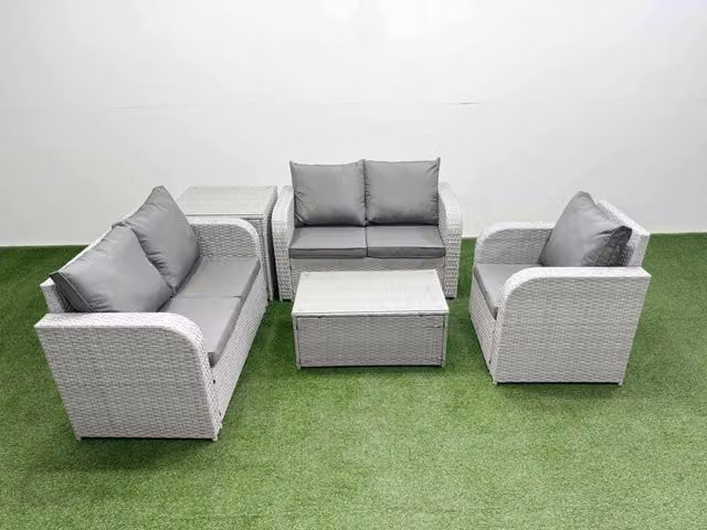 Fimous Grey Poly Rattan Garden Furniture Set with 2-Seater Sofa, Reclining Armchair, Coffee Table and Side Table