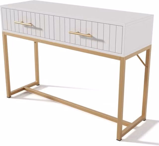 KORVIXA Modern Square Side Table in White and Gold with Metal Sled Base, W/D/H: 100 x 100 x 57.5 cm