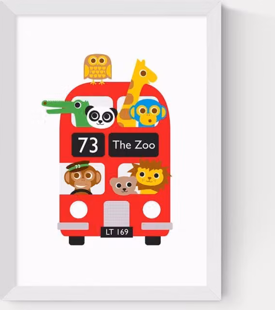 East End Prints London Bus Zoo Multicolour Framed Rectangular Art in White
