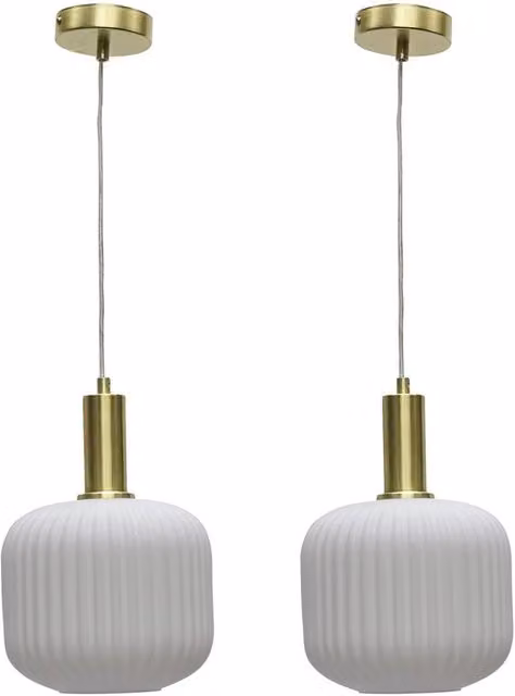 First Choice Lighting Bento Set of 2 Suspended Pendant Lights with White Ribbed Glass and Satin Brass Finish