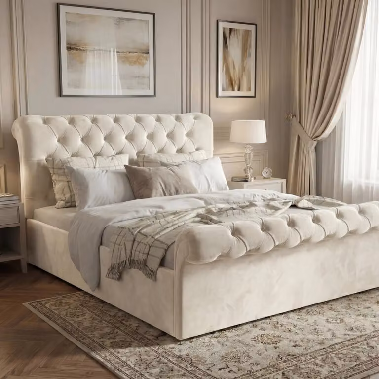 DHS Chesterfield Ottoman Storage Bed Frame in Beige Velvet, W/D/H: 180 x 200 cm
