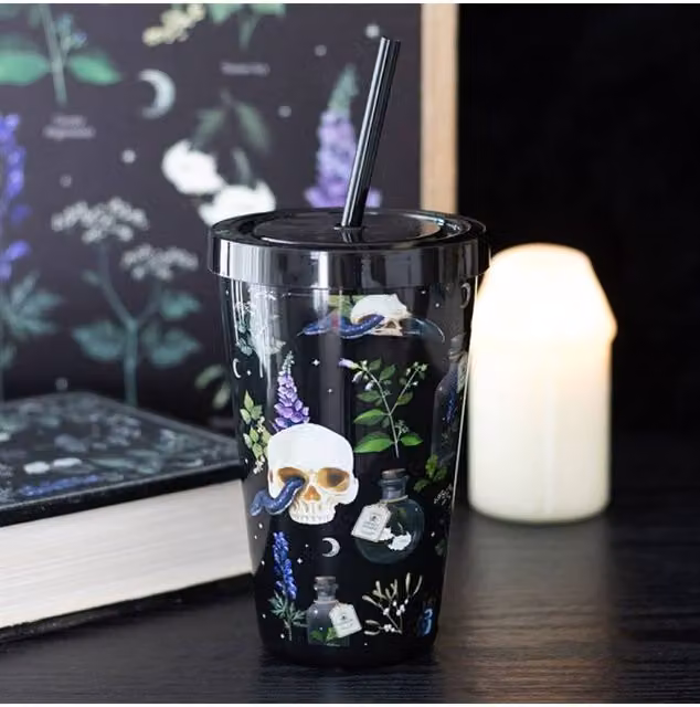 KDMD Venom & Vines Print Reusable Plastic Tumbler with Straw, Black, 550ml – 1