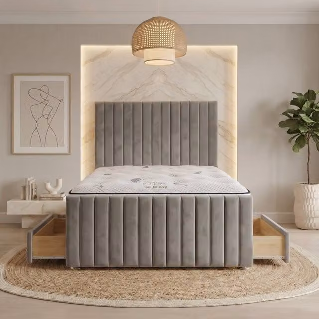 Somnior Eleanor Double Hybrid Divan Bed with 4 Drawers and Mattress in Silver Velvet W/D/H: 140 x 200 cm