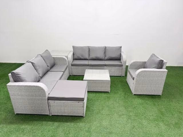 Fimous 8 Seater Poly Rattan Garden Furniture Set in Grey with Square Coffee Table, 3 Seater Sofa, Reclining Chairs and Ottoman