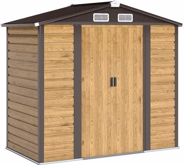 Outsunny Natural Metal Garden Storage Shed with Galvanised Steel Frame, Double Doors, Lock and Foundation Kit, W/D/H: 213.36 x 114.0 x 194.0 cm