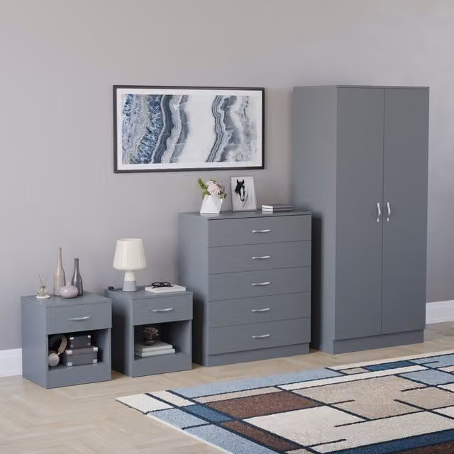 Vida Designs Riano 4 Piece Modern Grey Bedroom Set including 2 Bedside Chests, 1 Chest of Drawers and 1 Wardrobe