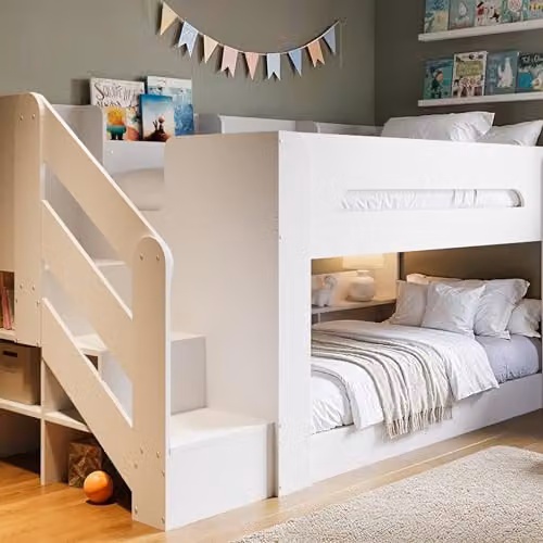 Flair Furnishings White Double Bunk Bed for Children with Staircase Storage and Side Compartments