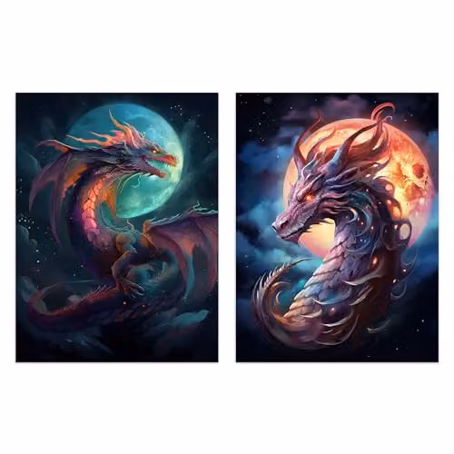 Artery8 Set of 2 Modern Mythical Dragon and Full Moon Fantasy Serpent Wall Art Prints, Multicolour, A4 – 1