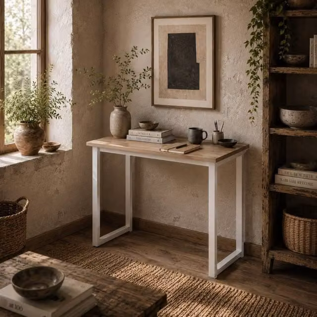 Wyld Haus Raha Writing Desk with Light Oak Melamine Top and White Metal Legs, W: 100 cm, D: 60 cm, H: 76 cm