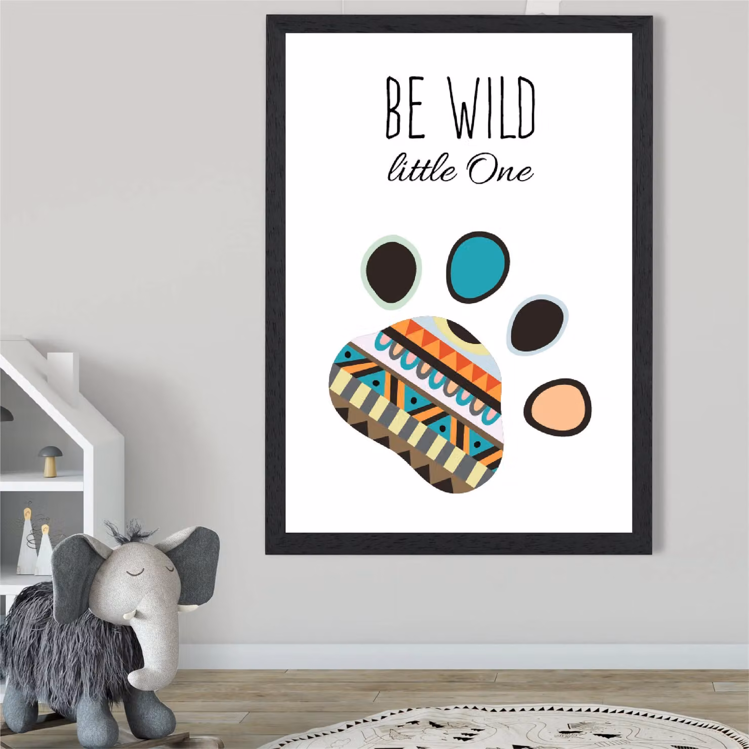 ARTZE Be Wild Paw Print Tribal Quote Framed Print in Bright Blue and Black – 2