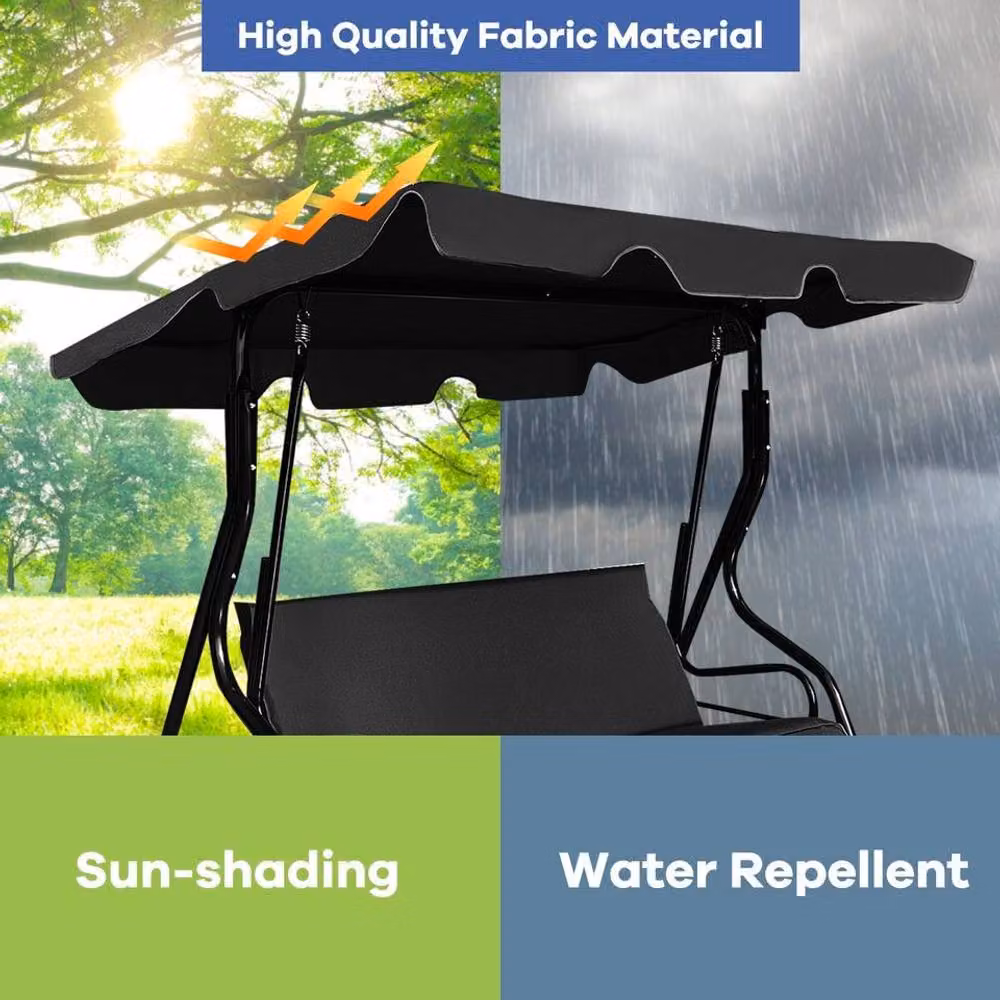 Costway 3 Seater Metal Garden Swing Chair with Sun Canopy and Cushions in Black – 3