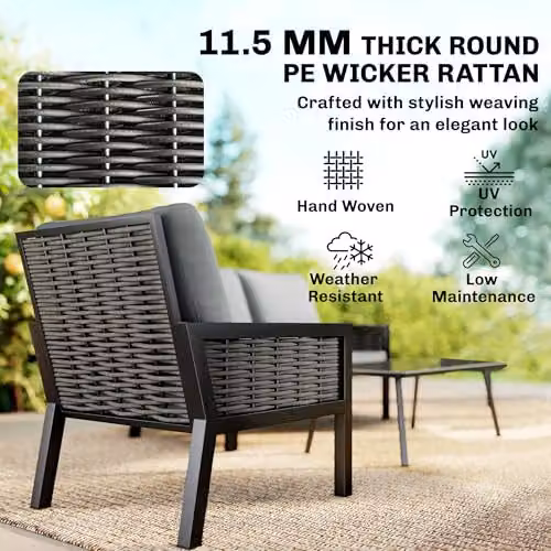 Outsunny 4 Seater Rattan Garden Furniture Set in Grey with Coffee Table, 2 Seater Sofa, and Lounge Armchairs – 3