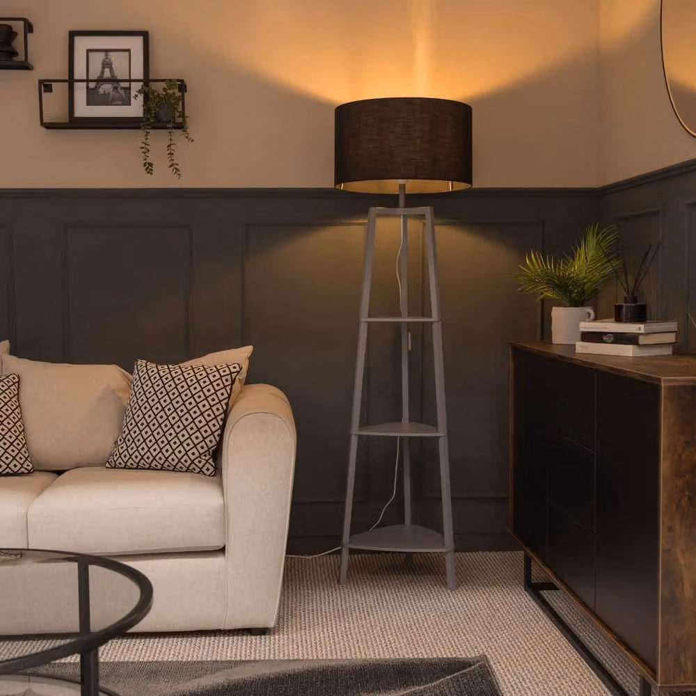 ValueLights Hiru 3 Tier Shelf Floor Lamp in Black and Grey with Large Drum Shade and Bulb Included – 4
