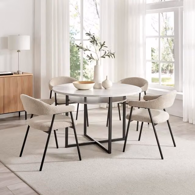 Furniturebox UK Adley Round Grey Concrete Effect Dining Table with 4 Delos Beige Chairs
