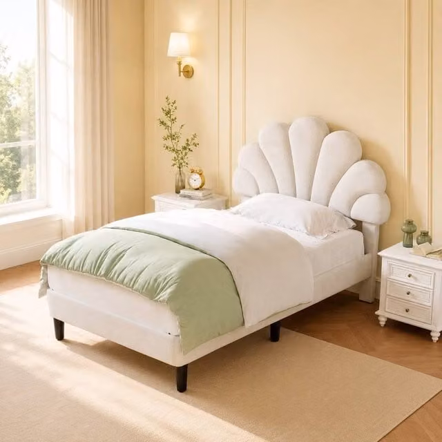 Merax 3ft Single Velvet Upholstered Bed with Adjustable Chic Petal Headboard in Beige, W/D/H: 90 x 190 cm – 1