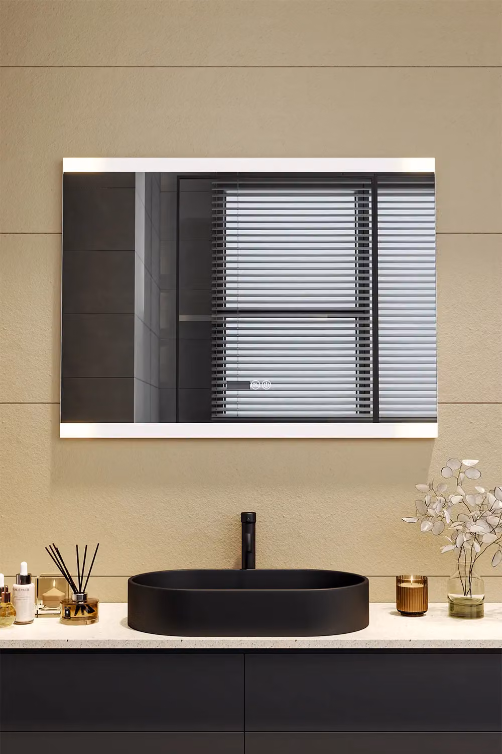 Living and Home Rectangular Frameless Anti-Fog LED Vanity Mirror with Clock in Silver and White – 2