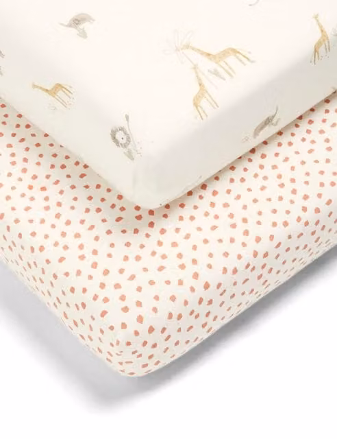 Mamas & Papas Jungle Animal Print Cotton Cotbed Fitted Sheets, 2 Pack, Multicolour