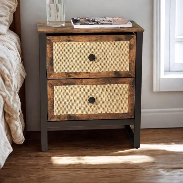 FURNOS Industrial Bedside Table Nightstand with 2 Drawers in Brown – 1