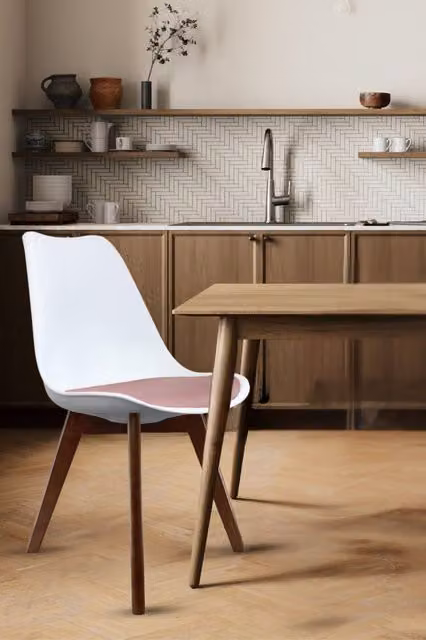 Fusion Living Soho Plastic Dining Chair with Dark Wood Legs in Dusty Pink – 1