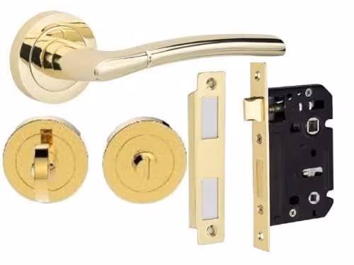 Golden Grace Indiana Mortise Bathroom Door Handle Set in Gold Brass