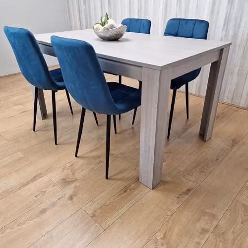 KOSY KOALA Modern Dining Table and 6 Blue Velvet Chairs Set, Light Grey, W/D/H: 140 x 80 x 75 cm – 2