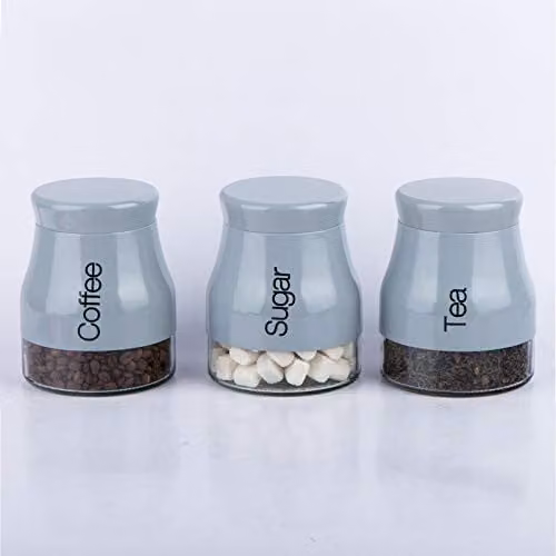 Gr8 Home Set of 3 Grey Glass Kitchen Storage Canisters for Tea, Coffee and Sugar