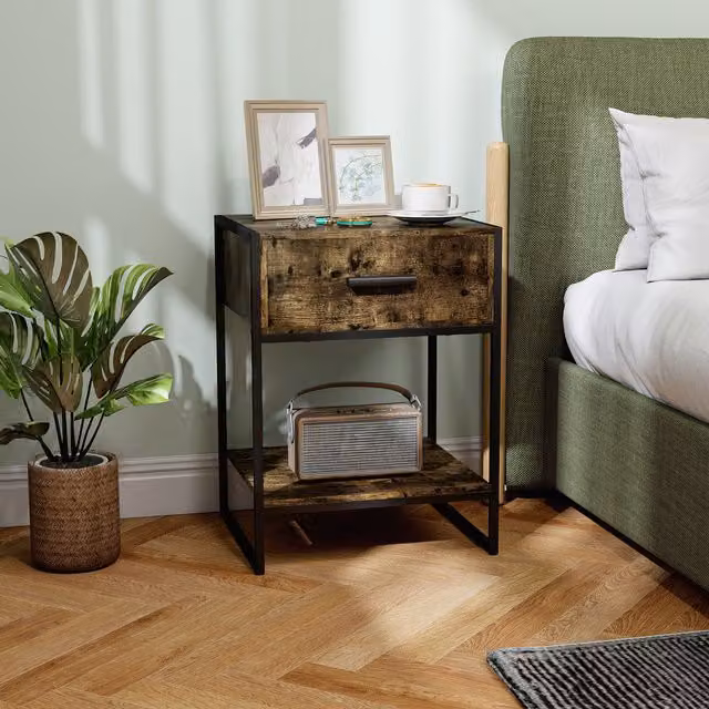 HOMCOM Modern Bedside Table with Drawer and Open Shelf, Brown and Black Metal Frame – 1