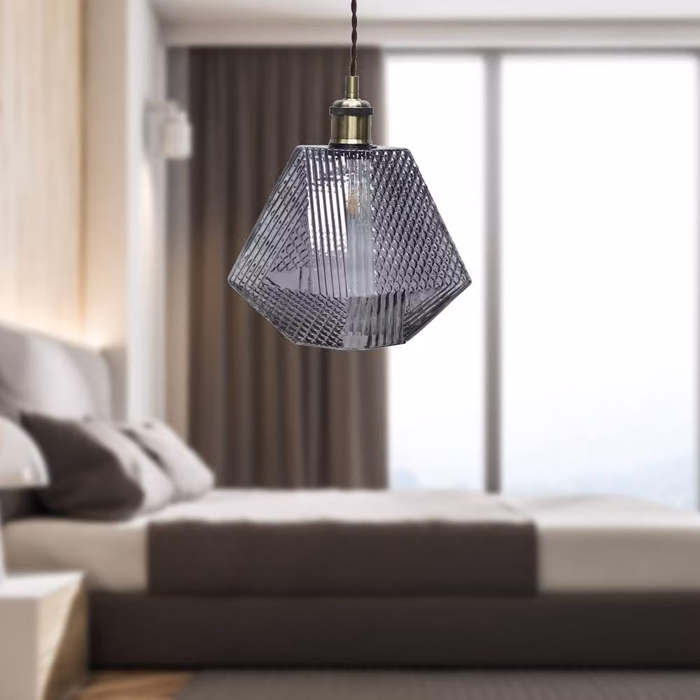 First Choice Lighting Lens Antique Brass Pendant Light with Smokey Textured Glass in Bronze – 3