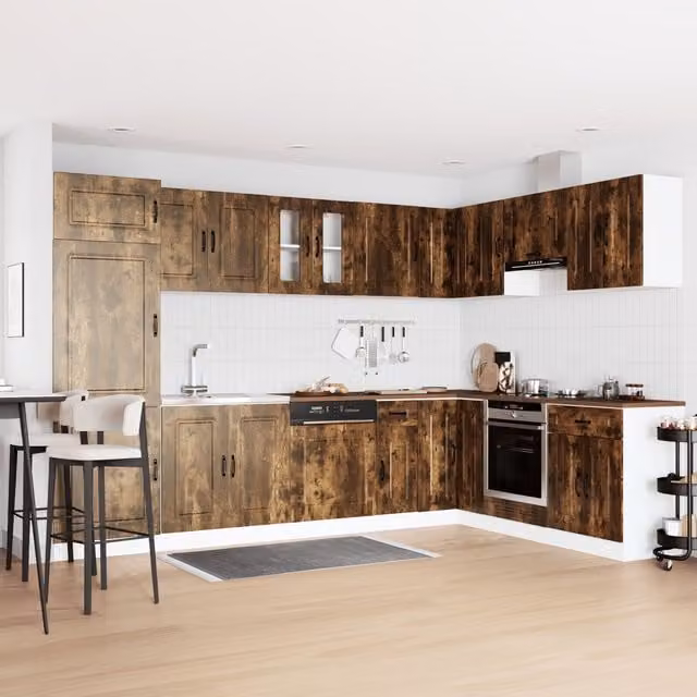 Berkfield Home Kalmar Kitchen Sink Cabinet in Smoked Oak Brown with Double Basins and Hinged Doors – 1