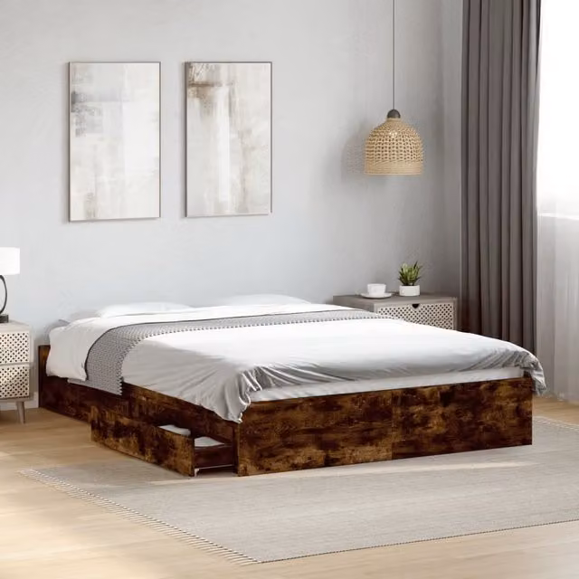 Berkfield Home Modern Bed Frame with Drawers in Smoked Oak Brown, W/D/H: 140 x 200 cm
