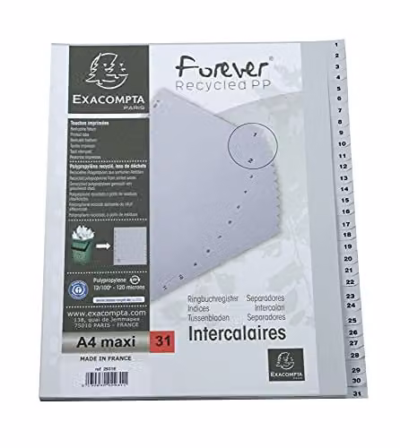 Exacompta Grey Recycled PP A4 Maxi Dividers with 31 Numbered Tabs