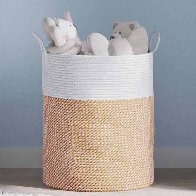 Berkfield Brown and White Open Weave Cotton Storage Basket with Handles W: 38 cm, H: 46 cm