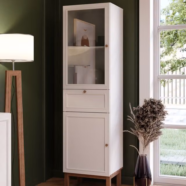 Furniture To Go Wensley Modern Display Cabinet in Light Grey with Glass Doors and Internal Shelves